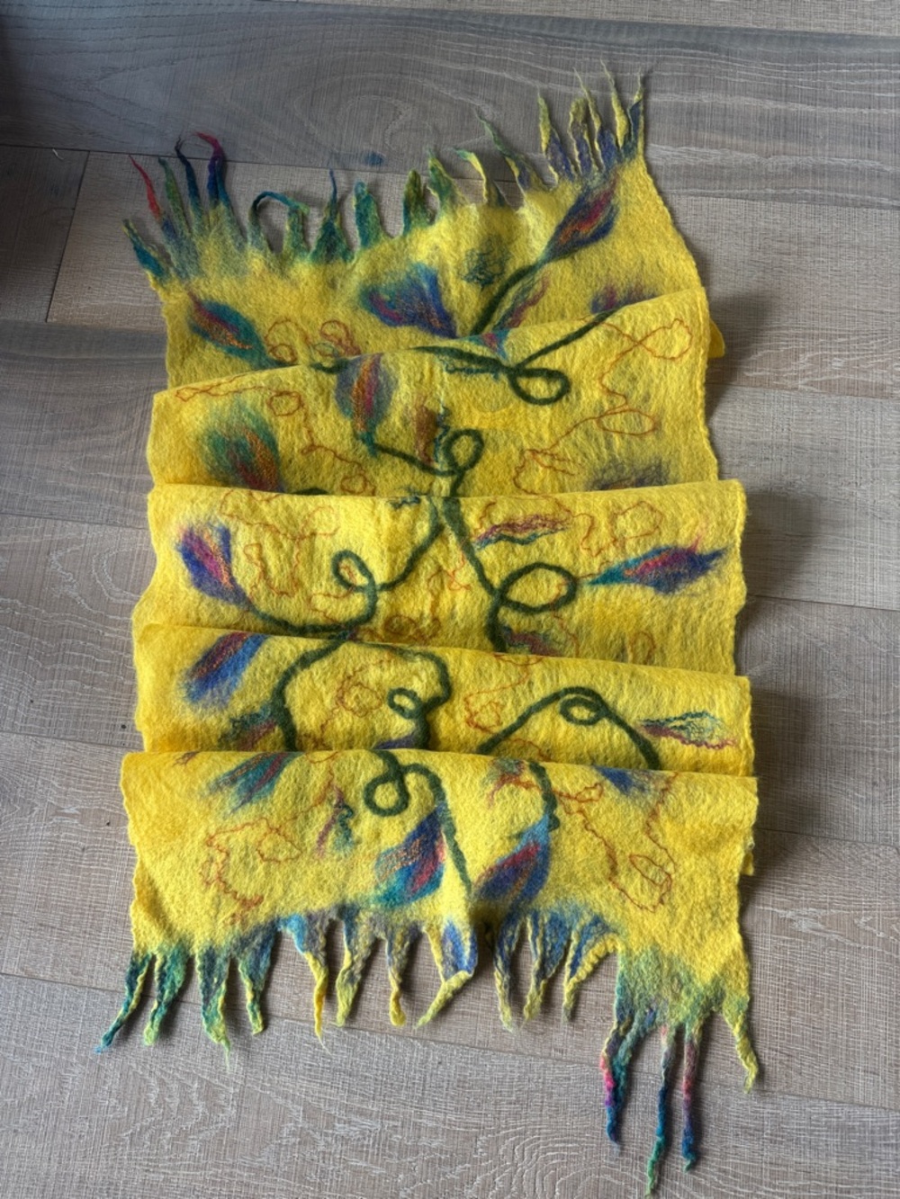 Handmade Yellow Felted Wool Scarf with Multicolor Floral Accents